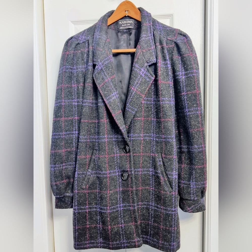 Vintage Karizma Black Red Purple Sz 12 Women's Plaid Wool Blend Coat